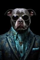 ai generado perro Staffordshire toro terrier vestido en un elegante traje con un bonito atar. Moda retrato de un foto