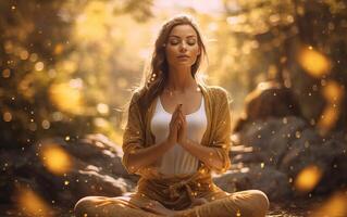 ai generado despertar mediante místico meditación. un mujer en loto actitud en el bosque, practicando yoga y foto