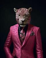 ai generado leopardo vestido en un elegante moderno rosado traje con un bonito atar. Moda retrato de un foto