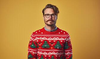 ai generado estudio retrato de hermoso contento barbado hombre vistiendo Navidad feo suéter con ornamento, posando foto