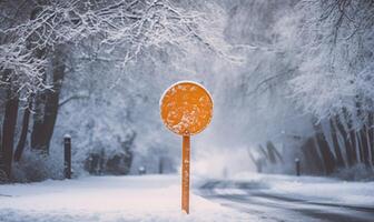 ai generado un blanco la carretera tráfico firmar advertencia de invierno conducción condiciones en un camino, invierno conduciendo, nieve y foto