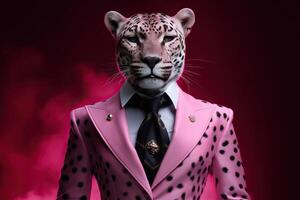 AI generated Panther dressed in an elegant modern pink suit with a nice tie. Fashion portrait of an photo