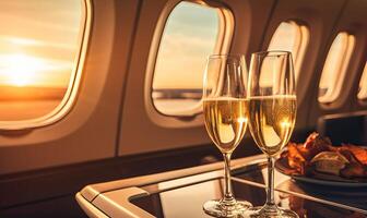 AI generated Luxury interior of a private jet or first class flight with two glasses of champagne, business jet photo