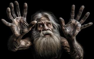 ai generado humano evolución un barba hombre demostración su manos con un mutación de seis dedos foto