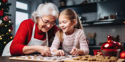 AI generated Happy family cooking together, little girl daughter making Christmas homemade cookies together with photo