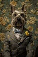 ai generado perro, yorkshire, vestido en un elegante moderno traje con un bonito atar. Moda retrato de un foto