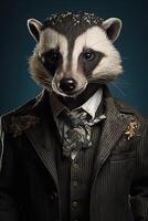 AI generated Raccoon dressed in a casual modern suit. Fashion portrait of an anthropomorphic animal posing with a photo