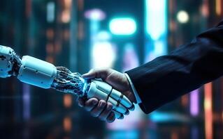 AI generated Handshake between human and robot, working together for success, Concept tech innovation, machine photo