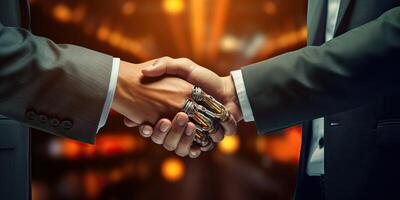 AI generated Handshake between human and robot, working together for success, Concept tech innovation, machine photo