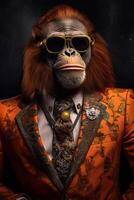 AI generated Orangutan dressed in an elegant modern orange suit with a nice tie. Fashion portrait of an photo