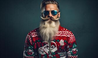 AI generated Studio portrait of modern hipster Santa Claus in Christmas ugly sweater, fashionable clothes. photo