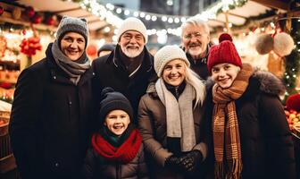 AI generated Happy Big Family standing at a Christmas market,, winter holidays celebration, mother, father, photo