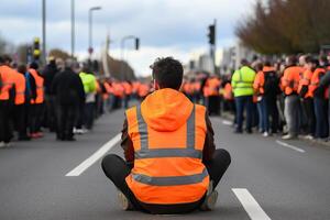 ai generado protesta activistas vistiendo Hola Vis amarillo naranja chaqueta sentar en un la carretera y bloquear tráfico, multitud de foto