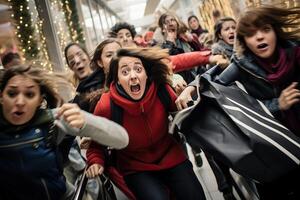 AI generated Midnight Black Friday shopping spree, with shoppers jostling to grab discounted products, devices, photo