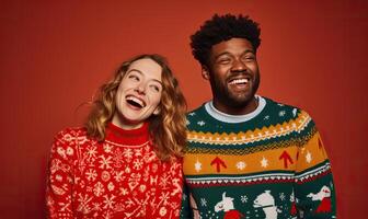 AI generated Young happy couple friends, man woman wear Christmas ugly sweater Santa hat posing spread hands photo