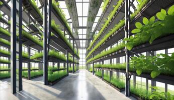 AI Generated An impressive greenhouse features shelves filled with a variety of terrestrial plants such as grass, trees, shrubs, and other greenery, creating a stunning indoor landscape photo