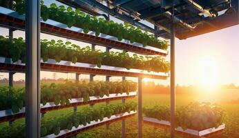 AI Generated A building made of wood and glass, with a facade covered in plants, stands in the middle of a lush garden at sunset photo