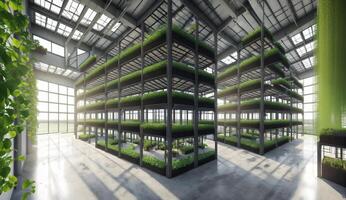 AI Generated The building features a large warehouse facade with glass panels, filled with shelves of terrestrial plants in metal fixtures. The green grass provides a refreshing transparency to the space photo