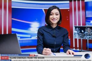 Asian reporter presents new island appearance on television show, rare natural events occured on ocean shoreline. Woman presenter talks about new exploration region for nature lovers. photo