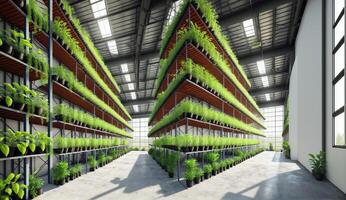 AI Generated An urban design building facade with a symmetrical arrangement of terrestrial plants in glass shelves. The tints and shades create a vibrant rectangle and triangle pattern photo