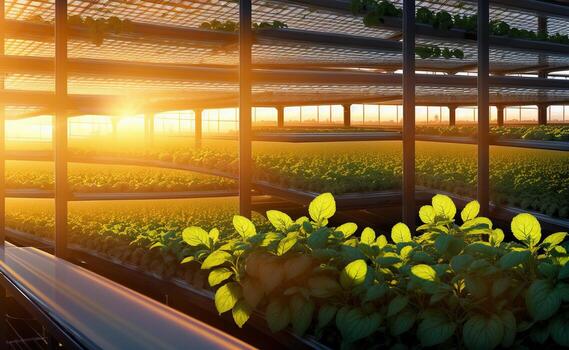 ai generado Mañana luz de sol filtros mediante el invernadero ventanas, esclarecedor el lozano plantas y vistoso flores, creando un hermosa paisaje de tintes y sombras foto