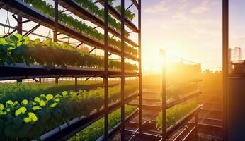 AI Generated The sunlight is streaming through the windows of a real estate greenhouse, illuminating the lush plants and creating a serene indoor landscape photo