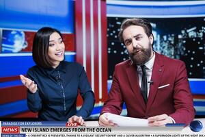 Presenters reveal natural discovery of new island appearing on ocean coast, creating paradise place for explorers. Media newscasters team broadcasting live daily events in newsroom. photo