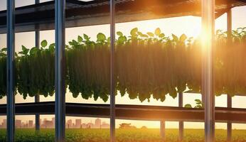 AI Generated A wooden greenhouse with plants inside, sunlight streaming through windows, creating tints and shades on the grass and trees outside photo