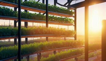 AI Generated The sun is shining through the windows of a building filled with various plants, creating a beautiful landscape of tints and shades photo