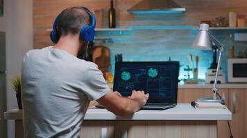 Back view of hacker with headset attacking succesfully the government using finetech, working from home in midnight. Programmer writing a dangerous malware for cyber attacks using performance device photo