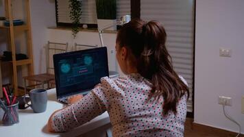 Female hacker working from home using a dangerous virus to make the government database vulnerable. Programmer writing a malware for cyber attacks using performance device during midnight. photo