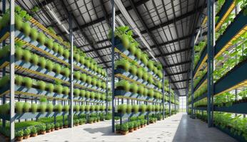 AI Generated A building transformed into a lush landscape with shelves filled with various terrestrial plants such as trees, grasses, and vines, creating a green oasis under a glass roof supported by beams photo