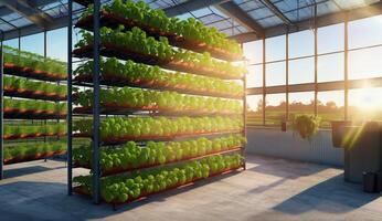 AI Generated A building facade made of wood and asphalt houses a greenhouse filled with numerous plants growing on shelves, creating a lush and evergreen landscape photo