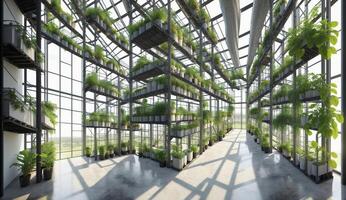 AI Generated A building filled with various plants and potted flowers, creating a lush indoor garden within a tower block photo
