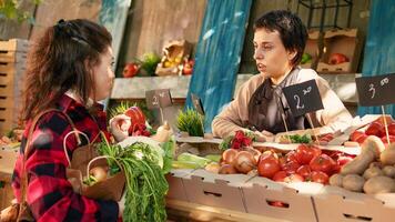 hembra puesto poseedor de venta natural frutas y vegetales fuera de a agricultores mercado pararse, presentación bio alimento. joven vendedor dando orgánico eco Fresco productos a vegetariano cliente. foto