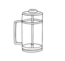 Tea teapot with press. Coffeemaker. Hand-Drawn Coffee Maker. French-Press in doodle style. Coffee preparation service concept. Sketch style vector illustration.