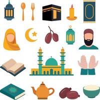 Set of detailed Islamic icons suitable for web design, educational materials, religious organizations, and cultural events. Mosque, crescent, calligraphy, and more. Ramadan elements illustration. vector