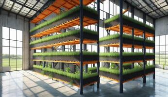 AI Generated A building with shelves lined with green grass creates a unique facade. The wooden shelving adds a touch of nature to the room, resembling a retail shop or apartment setup photo