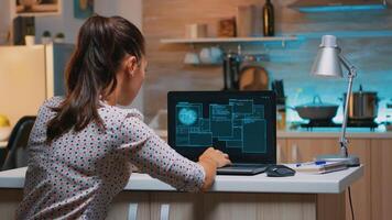 Woman hacker coding html and programming on screen laptop working from home in midnight. Programmer writing a dangerous malware for cyber attacks using performance device during midnight. photo
