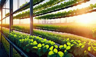 AI Generated Sunlight filtering through the greenhouse windows illuminates the lush collection of plants, creating a vibrant landscape of greenery and flowers photo