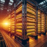 AI Generated A spacious warehouse constructed with hardwood beams and metal beams. The shelves in the rectangleshaped building are filled with plants, illuminated by lights in tints and shades photo