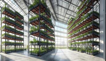 AI Generated A building resembling a tower block houses a greenhouse with numerous shelves displaying an array of plants and fixtures photo