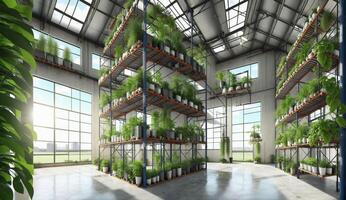 AI Generated A building resembling a house with windows, filled with a variety of terrestrial plants, trees, and grass on shelves and fixtures photo