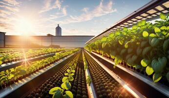 AI Generated A line of terrestrial plants basking in the morning sunlight inside a greenhouse with the sky peeking through the windows, creating a natural landscape photo
