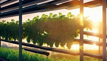 AI Generated A line of plants thrives inside a building as sunlight filters through the windows, creating a picturesque indoor landscape of greenery and flowers photo