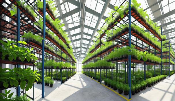AI Generated A greenhouse with shelves filled with various terrestrial plants, trees, and grass, creating a symmetrical urban design. The glass facade of the building forms a triangle shape photo
