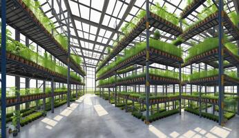 AI Generated A vast building housing numerous shelves displaying a variety of terrestrial plants, creating a lush indoor biome with green fixtures photo