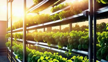 AI Generated The sunlight is filtering through the shelves of a greenhouse teeming with lush green plants photo