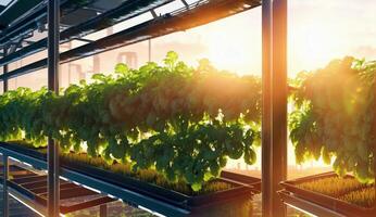 AI Generated The building houses a lush greenhouse with an abundance of plants, trees, and grass, while the sun shines through the windows onto the landscape photo