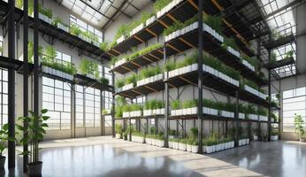AI Generated A stunning building with numerous windows and lush plants adorning the shelves, showcasing a blend of natural elements and modern architecture photo